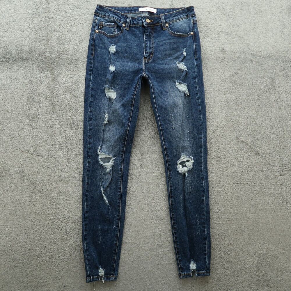 KanCan Jeans Junior's Size 9/28 Blue Mid-Rise Skinny Denim 29" Inseam Distressed